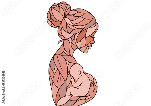 Abstract Mosaic Illustration of Mother and Baby Representing Maternal Bond, Nurturing Love, and New Life Concept