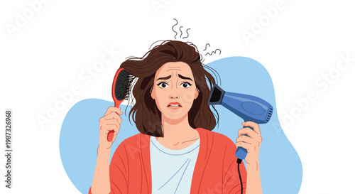 Worried young woman looking at her hair while holding brush and hairdryer feeling stressed about hair loss or damage.
