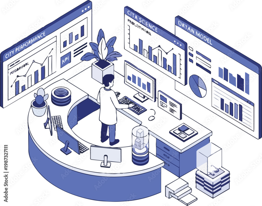 Obraz premium Isometric Data Scientist Analyst Working with Big Data Dashboards and City Performance Analytics Illustration