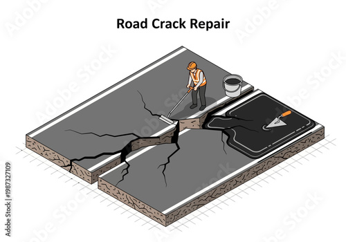 Vector Isometric Illustration of Road Crack Repair and Maintenance Process
