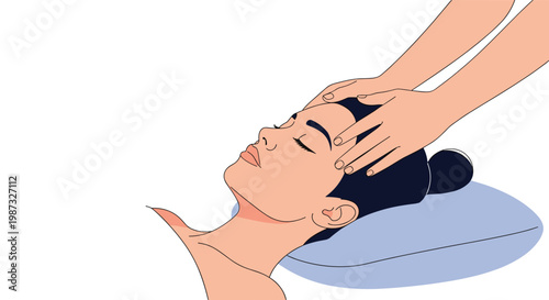 Relaxed young woman receiving professional head massage at spa center for stress relief and physical wellness treatment.