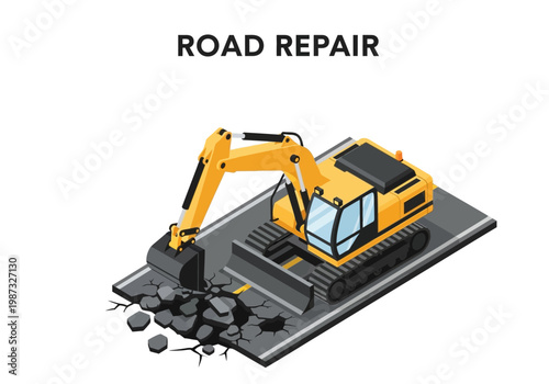 Isometric vector illustration of a road repair scene with an excavator working on a damaged asphalt road