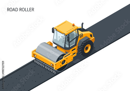 Yellow road roller working on asphalt, isometric vector illustration