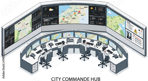 Isometric Illustration of a Smart City Command Hub and Data Control Center