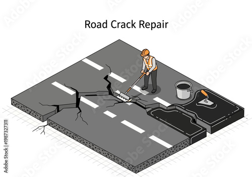 Isometric vector illustration of road crack repair with a worker applying sealant, showcasing asphalt maintenance