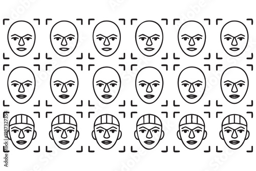 Facial recognition line icon set with biometric authentication and surveillance technology symbols