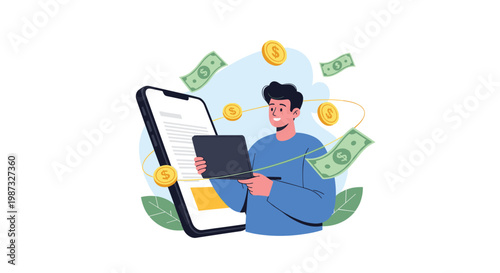 Smiling man using laptop and smartphone to generate online income and receive payments from digital content or services.