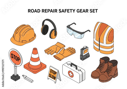 Vector isometric road repair safety gear set for construction and traffic control illustration