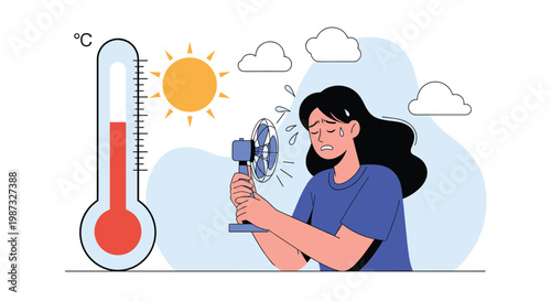 Stressed woman holding small fan and sweating profusely during extreme summer heatwave and high temperature measured by thermometer.