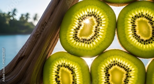 Backlit Kiwi Slices on Driftwood – Macro Green Fruit with Translucent Glow and Dreamy Bokeh