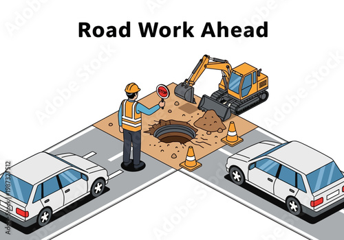Isometric vector illustration of road work ahead with a construction worker, excavator, and hole
