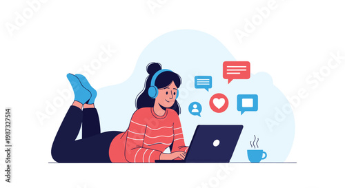 Young woman lying on floor with laptop and headphones using social media for communication entertainment and connecting with friends.