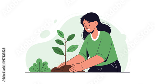 Kind young woman planting a small green tree in soil to care for environment and support global reforestation and ecology.