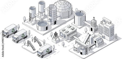 Isometric Recycling Plant and Waste Management Facility Illustration with Green Energy Infrastructure