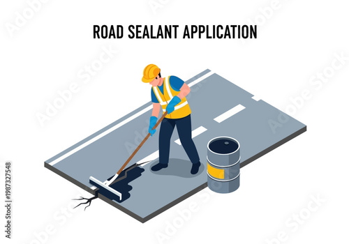 Road Sealant Application Vector Isometric Illustration Professional Maintenance of Pavement