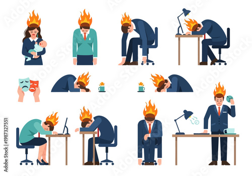 Burnout and Professional Stress Vector Illustration Set Featuring Exhausted Employees and Parents Overwhelmed by Work and Life Balance