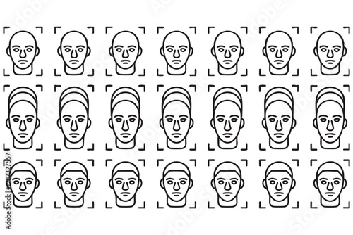 AI face recognition icon set with biometric scan and identity verification for security systems