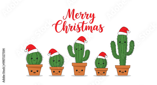 Set of cute cactuses in pots wearing red santa claus hats for merry christmas celebration and winter holiday decoration.