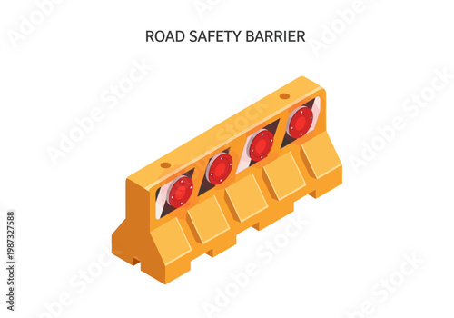 Vector isometric road safety barrier illustration with warning lights for construction and traffic management