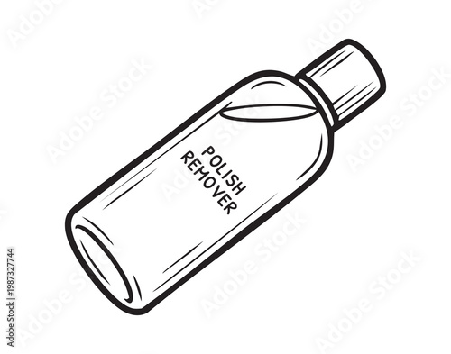 Nail polish remover bottle illustration showing clean beauty prop with bold black line art, labeled polish remover, rounded cap, ergonomic shape, cotton pad suggestion, studio product shot vibe,