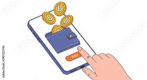 Human hand clicking pay button on smartphone screen as gold bitcoin coins fly into a digital wallet for cryptocurrency transaction.