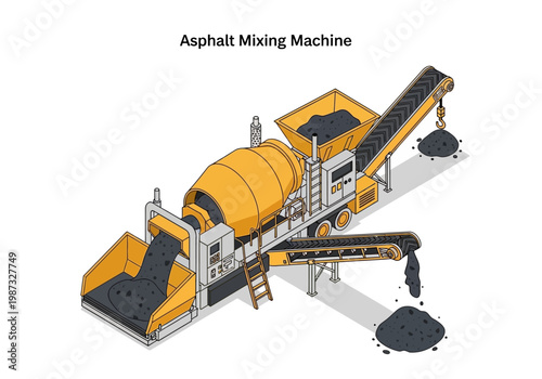 Isometric Vector Illustration of an Asphalt Mixing Machine with Conveyor Belts and Materials