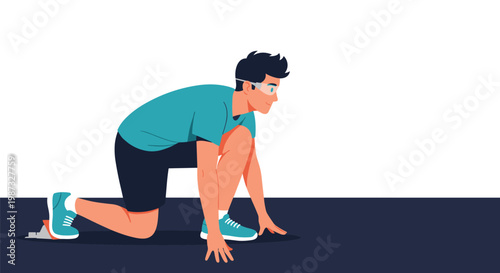 Male athlete in a starting position on a running track wearing sportswear and glasses ready to begin a competitive race.