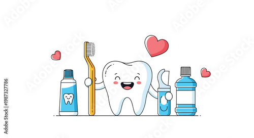 Happy cartoon tooth character holding a toothbrush and dental floss surrounded by toothpaste mouthwash and floating hearts.