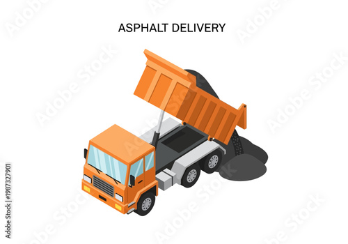 Vector isometric illustration of a dump truck delivering asphalt, construction vehicle