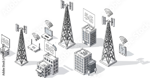 Isometric 5G Network Infrastructure Illustration with Cell Towers, Buildings, and Wireless Connected Devices in Line Art Style