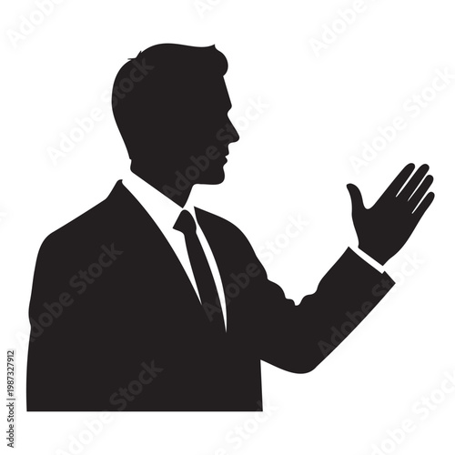 A man in a business suit gesturing with his hand