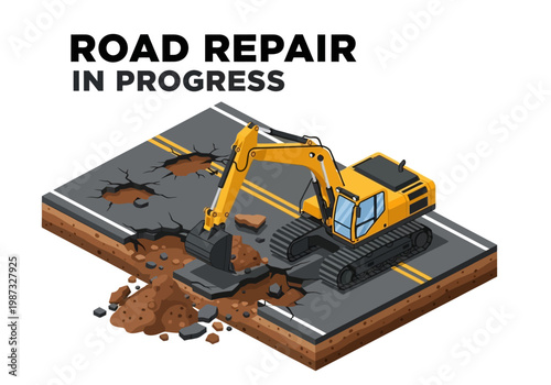 Isometric vector illustration of a road repair in progress with an excavator and damaged asphalt