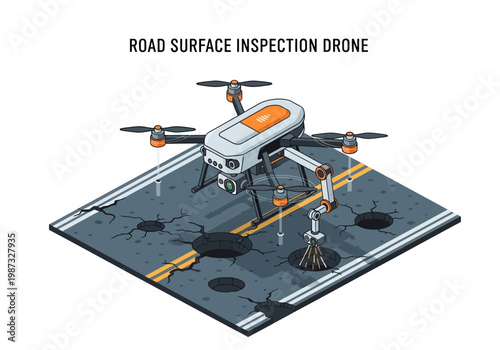 Isometric vector illustration of a road surface inspection drone examining potholes on a street
