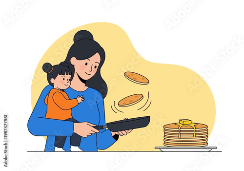 Flat Vector Illustration of a Mother and Daughter Making Pancakes Together for Breakfast