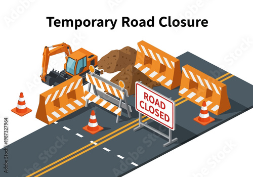 Temporary Road Closure illustration vector isometric construction scene with barriers and excavator