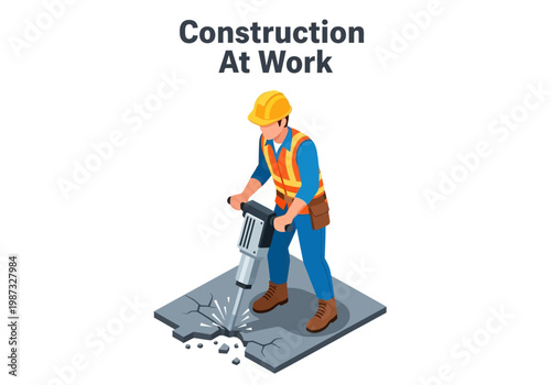 Construction At Work Isometric Vector Illustration - A Worker Operates a Jackhammer