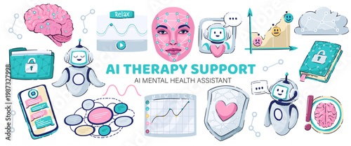 AI therapy support set with chatbot, brain, mood chart, shield, journal, breathing app and cloud icons. Mental wellness and digital care scenes in AI therapy support, cartoon vector illustration.