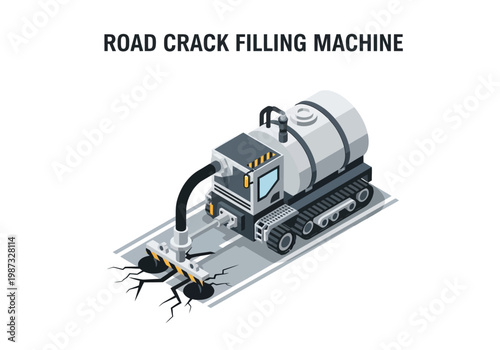 Isometric vector illustration of a road crack filling machine, heavy machinery for road repair and maintenance