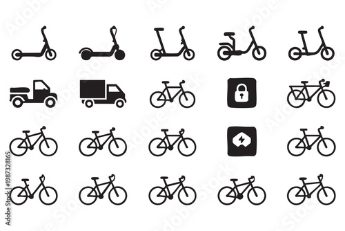 Electric scooter and bicycle icon set with urban transport, delivery, and mobility symbols for smart city design