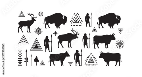 Ancient cave painting vector illustration with animal silhouettes tribal hunters and ethnic geometric symbols collection.