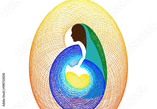 Abstract Illustration of Mother and Child within a Womb, Representing Pregnancy, Fertility, and the Miracle of Life with Colorful Spirograph Geometric Line Art