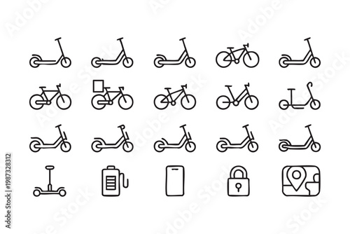 Micromobility icon set with electric scooters, bicycles, and sharing system symbols for urban transport