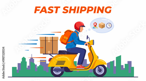 A delivery person rides a yellow scooter with boxes through a city with fast shipping vector illustration.