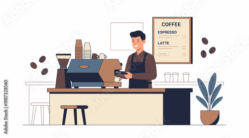 A barista prepares a drink in a modern coffee shop with a vector illustration of a coffee machine.
