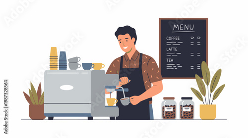 A smiling barista prepares a drink using an espresso machine in a cozy cafe illustration vector.