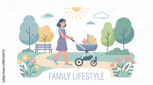 A woman pushes a baby stroller through a park on a sunny day in a vector illustration.