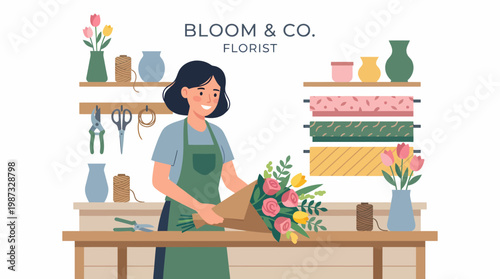 A smiling woman in an apron prepares a vibrant bouquet of flowers at a florist shop counter with various tools and vases on shelves in the background of this colorful illustration vector.