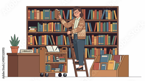 A woman stands on a ladder in a library to retrieve a book from a vector illustration.