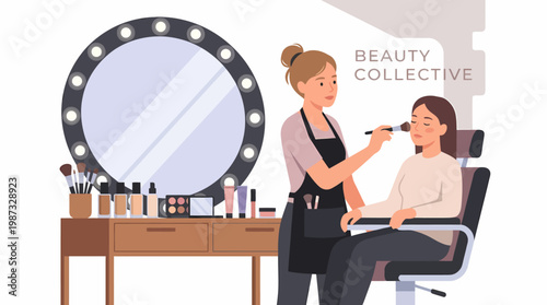 Makeup artist applying vector illustration of cosmetics to a woman sitting in a chair.