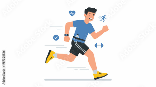 Man running in a vector illustration with a fitness tracker on his wrist outdoors.